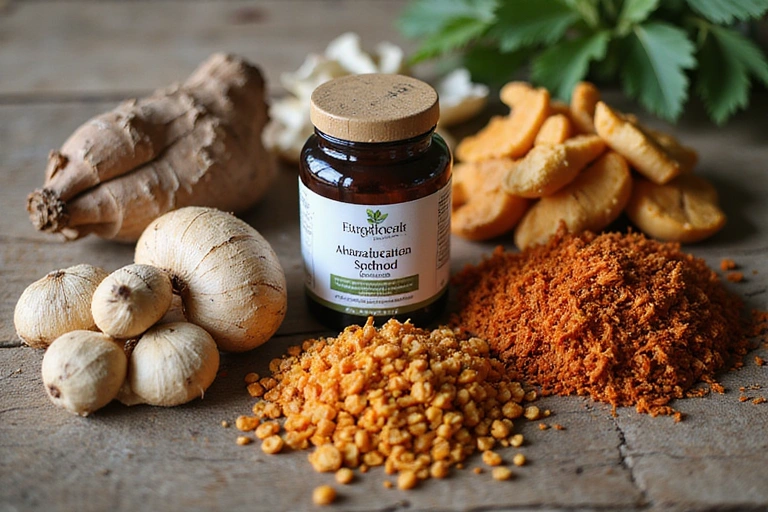 Various adaptogenic herbs laid out on a wooden table, such as ashwagandha, reishi, and rhodiola.
