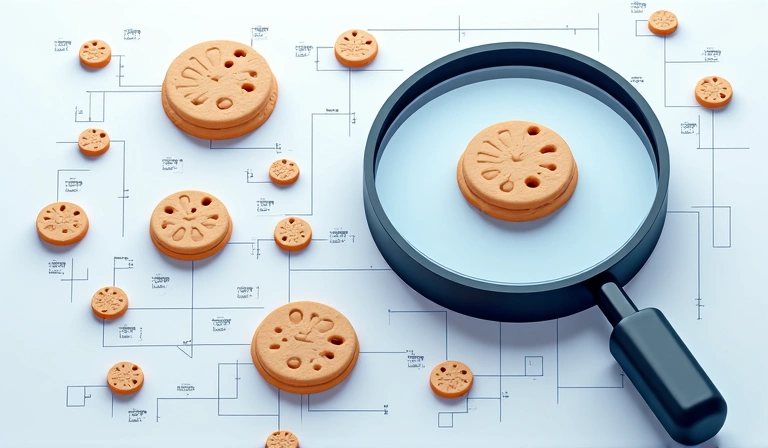 Assortment of digital cookies and a magnifying glass, symbolizing data tracking and privacy