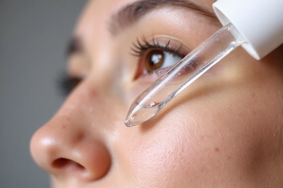 Dropper applying a clear hydrating serum to skin with water droplets